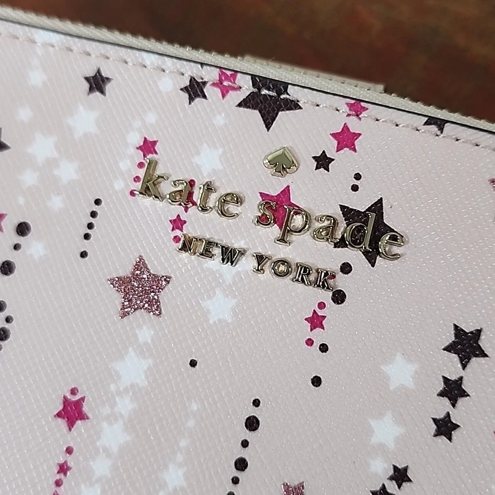 Kate Spade New York Leather Pink Stars Sparkle Wallet Clutch Wristlet